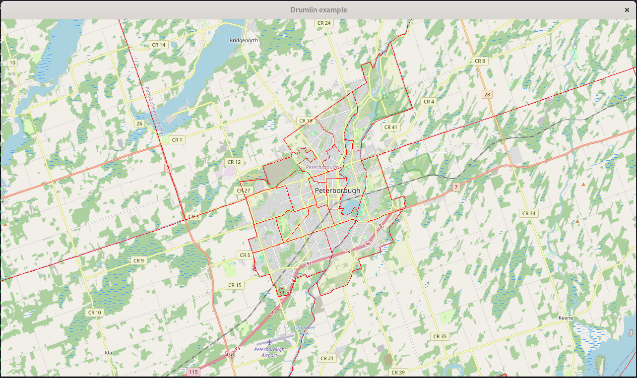 Peterborough with vector line dataset of census tracts rendered in Drumlin